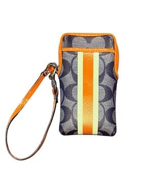 Coach Leather Navy Signature Logo Orange Cream Stripe Wristlet